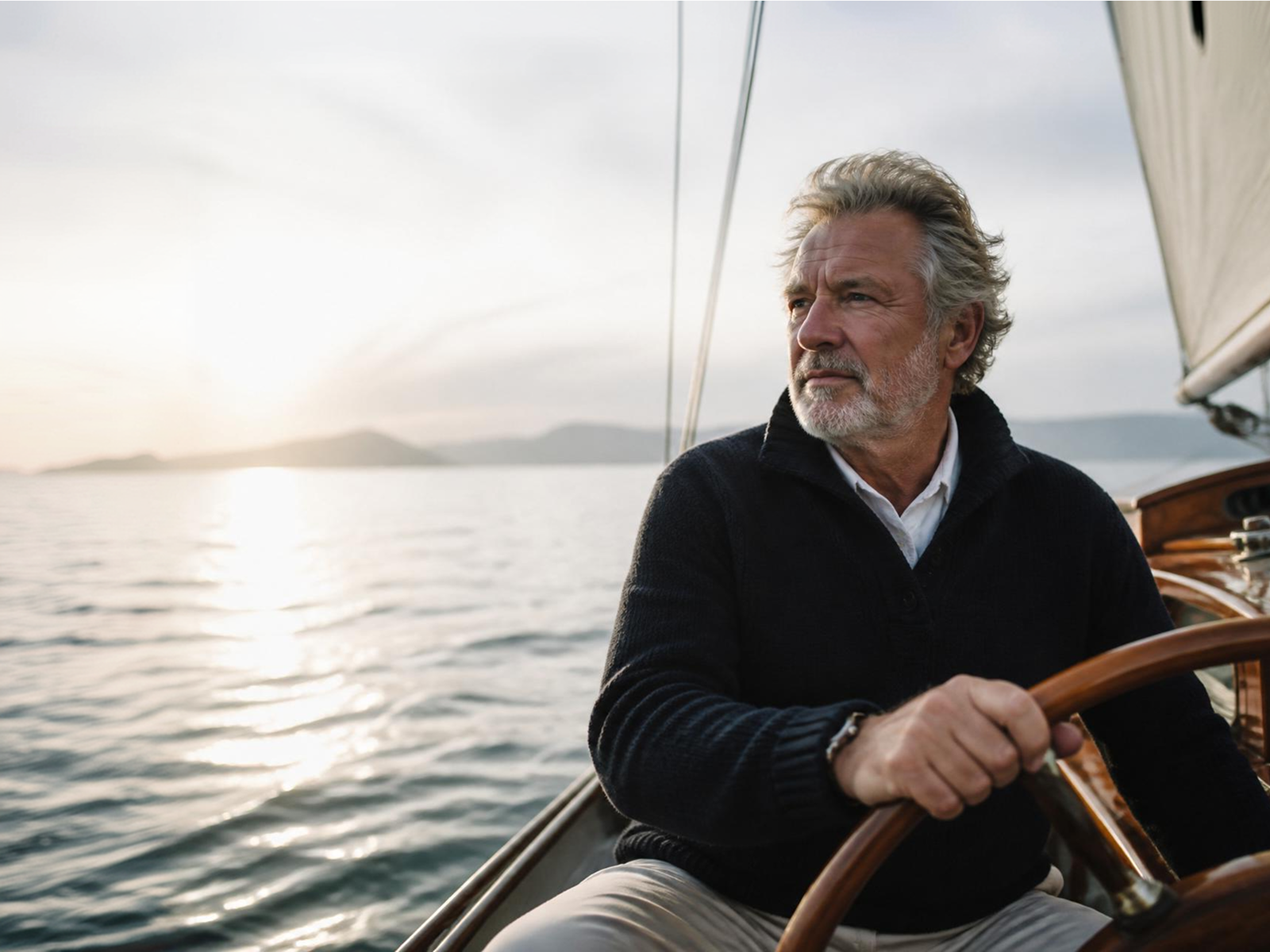 A man at the helm of a sailboat on open water