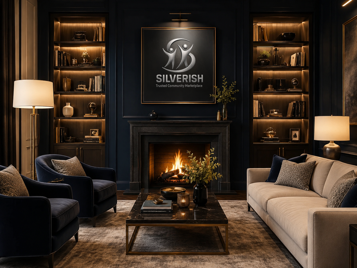 A Silverish living room with fireplace