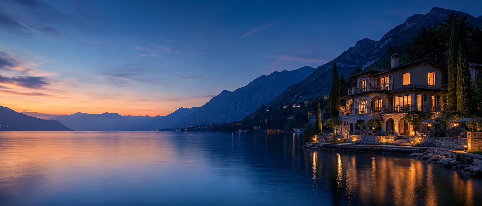 Lakeside villa at dusk
