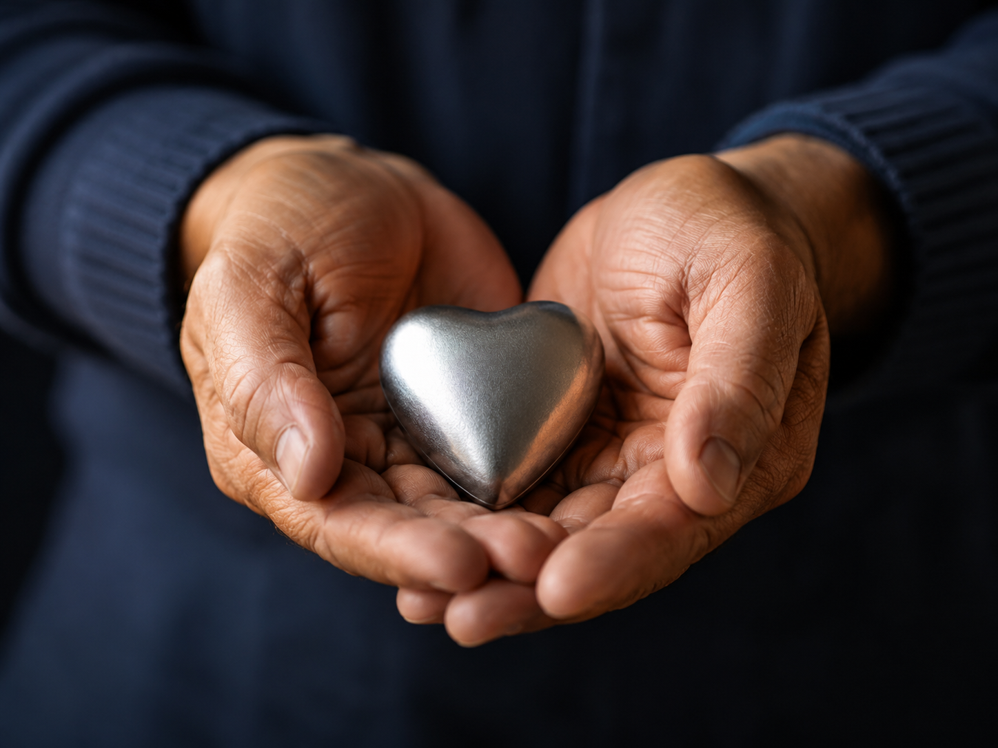 Hands holding a metallic silver heart